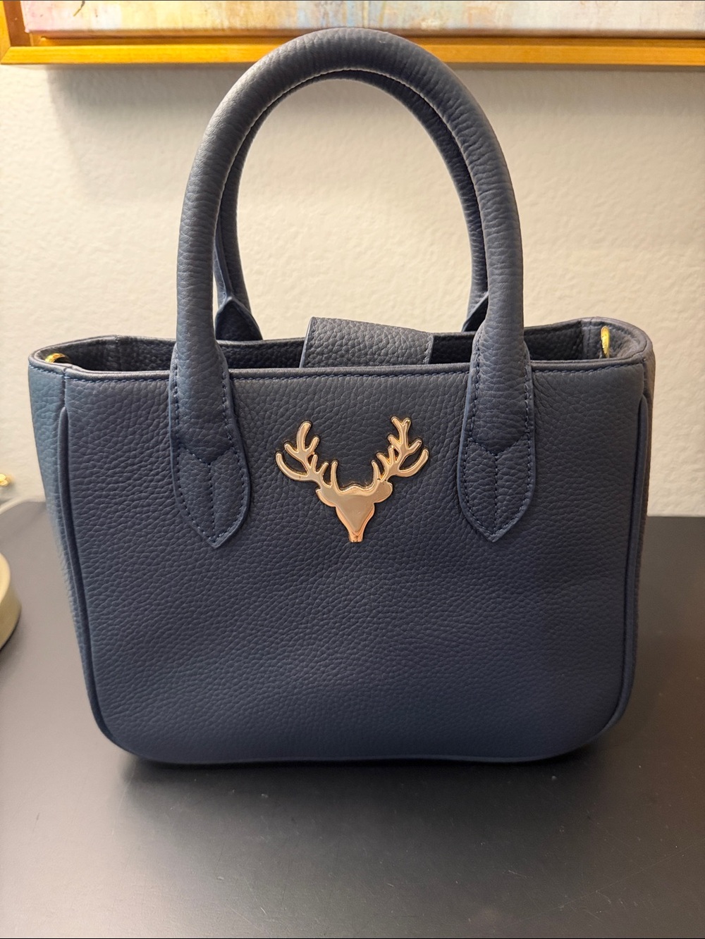 Structured Navy Satchel with Gold Stag Accent